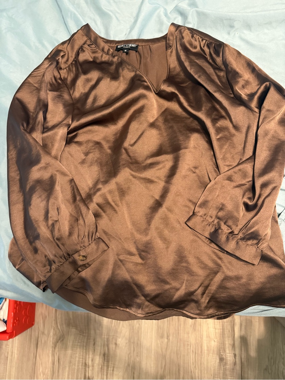 Velvet Heart Chocolate Satin V-Neck Long Sleeve Blouse